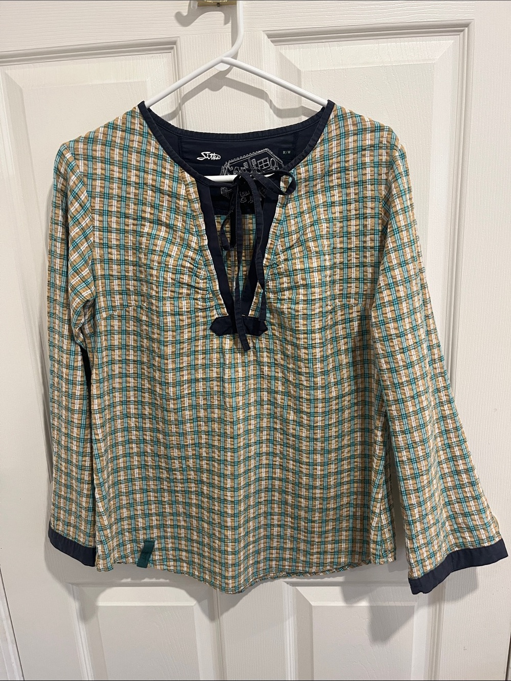 Sitka Plaid Long-Sleeve Tie-Neck Top in Teal and Tan with bell sleeves